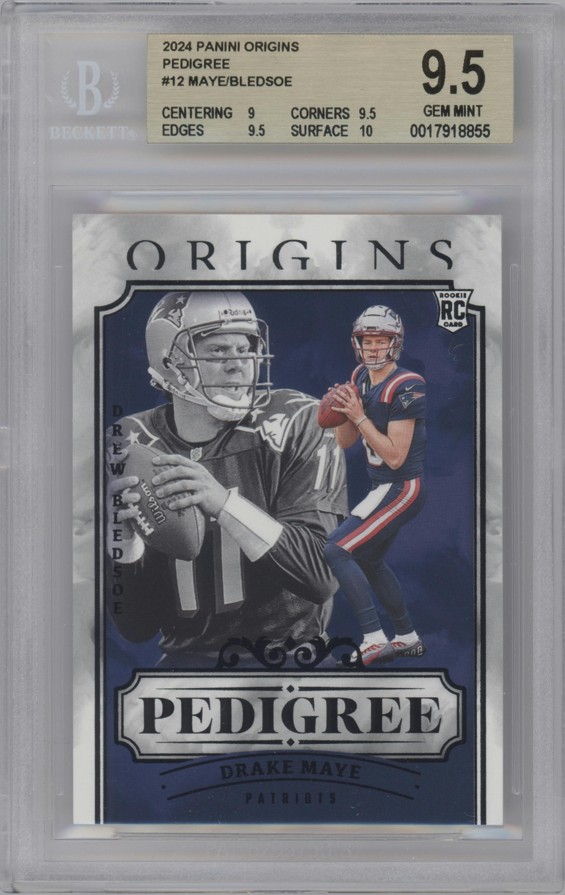 Drake Maye / Drew Bledsoe from the 2024 Panini Origins set graded by Beckett and given an overall grade of 9.5.