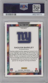 Saquon Barkley from the 2023 Panini Prizm set graded by PSA and given an overall grade of 10.