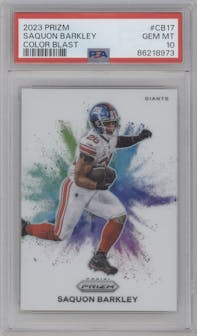 Saquon Barkley from the 2023 Panini Prizm set graded by PSA and given an overall grade of 10.