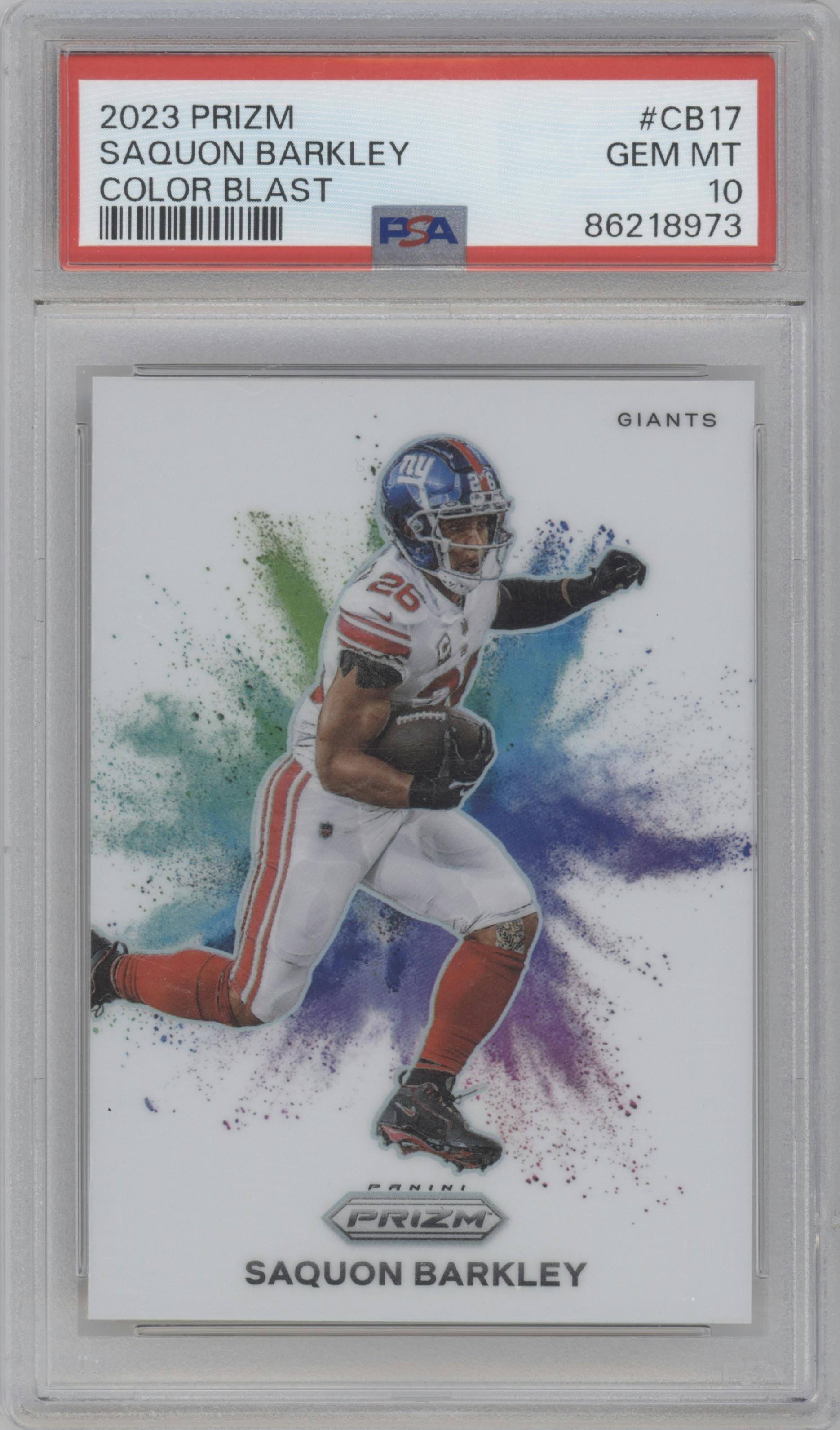 Saquon Barkley from the 2023 Panini Prizm set graded by PSA and given an overall grade of 10.