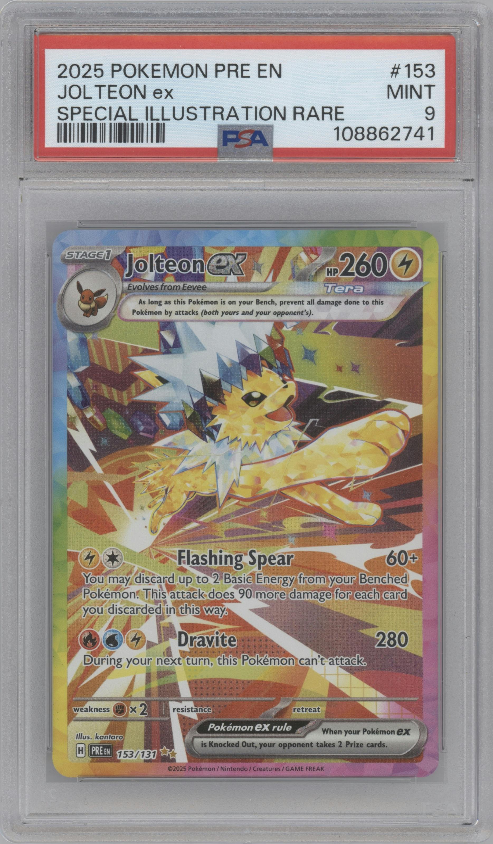 Jolteon ex from the 2025 Pokemon SV set graded by PSA and given an overall grade of 9.