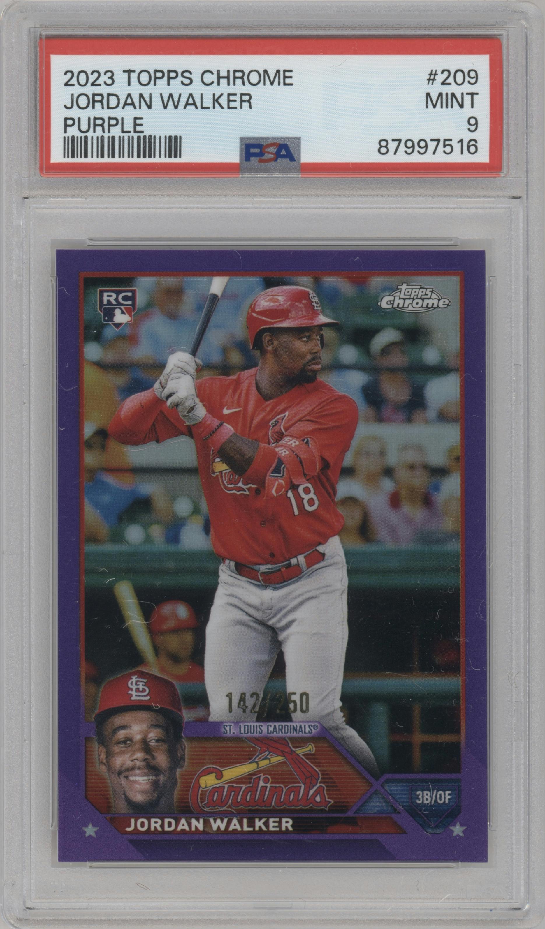 Jordan Walker from the 2023 Topps Chrome set featuring a Purple Refractor parallel graded by PSA and given an overall grade of 9.
