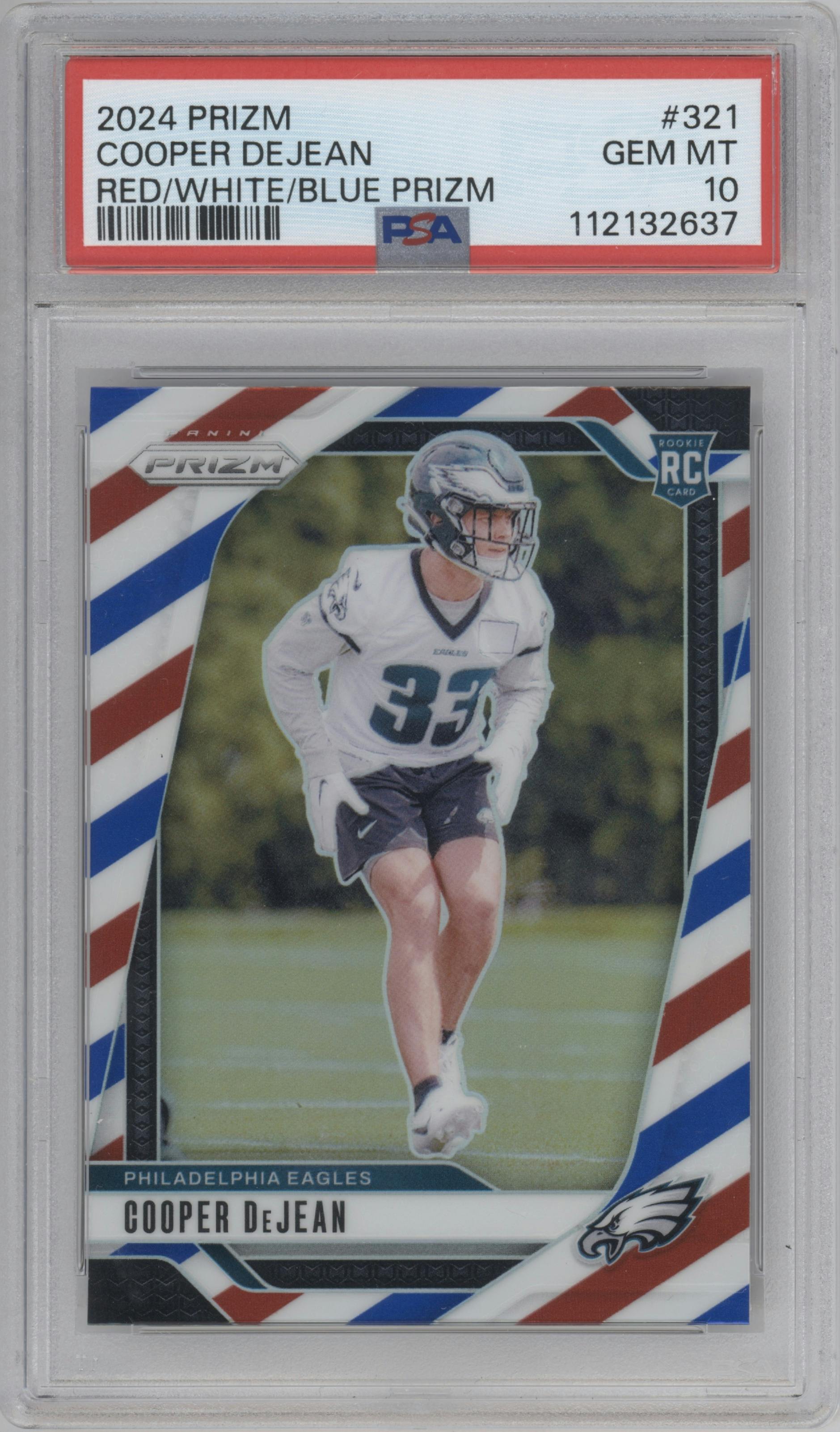 Cooper DeJean from the 2024 Panini Prizm set featuring a Red/White/Blue Prizm parallel graded by PSA and given an overall grade of 10.