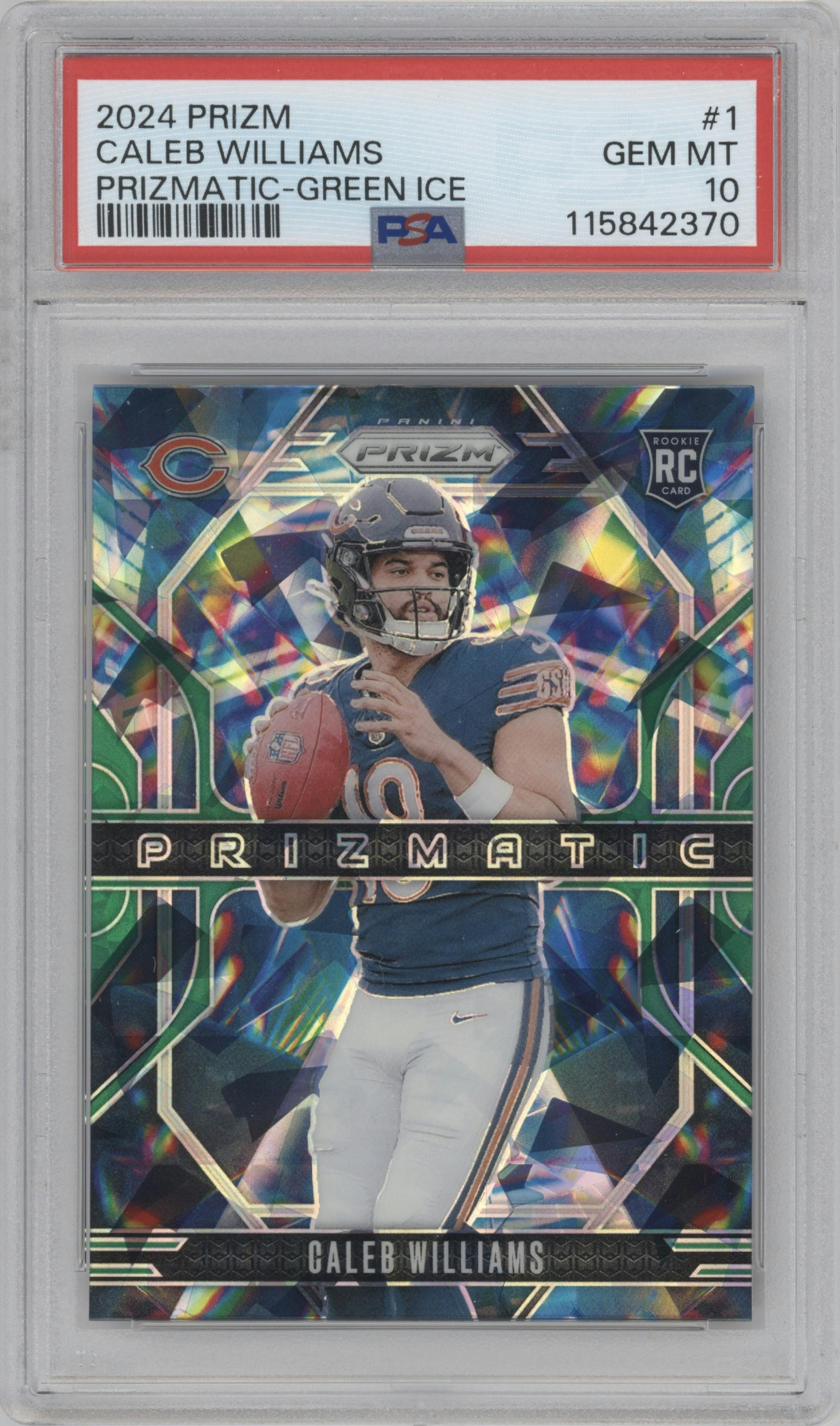 Caleb Williams from the 2024 Panini Prizm set featuring a Green Ice Prizm parallel graded by PSA and given an overall grade of 10.