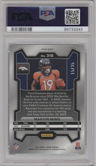 Marvin Mims from the 2023 Panini Prizm set featuring a Mojo Prizm parallel graded by PSA and given an overall grade of 10.