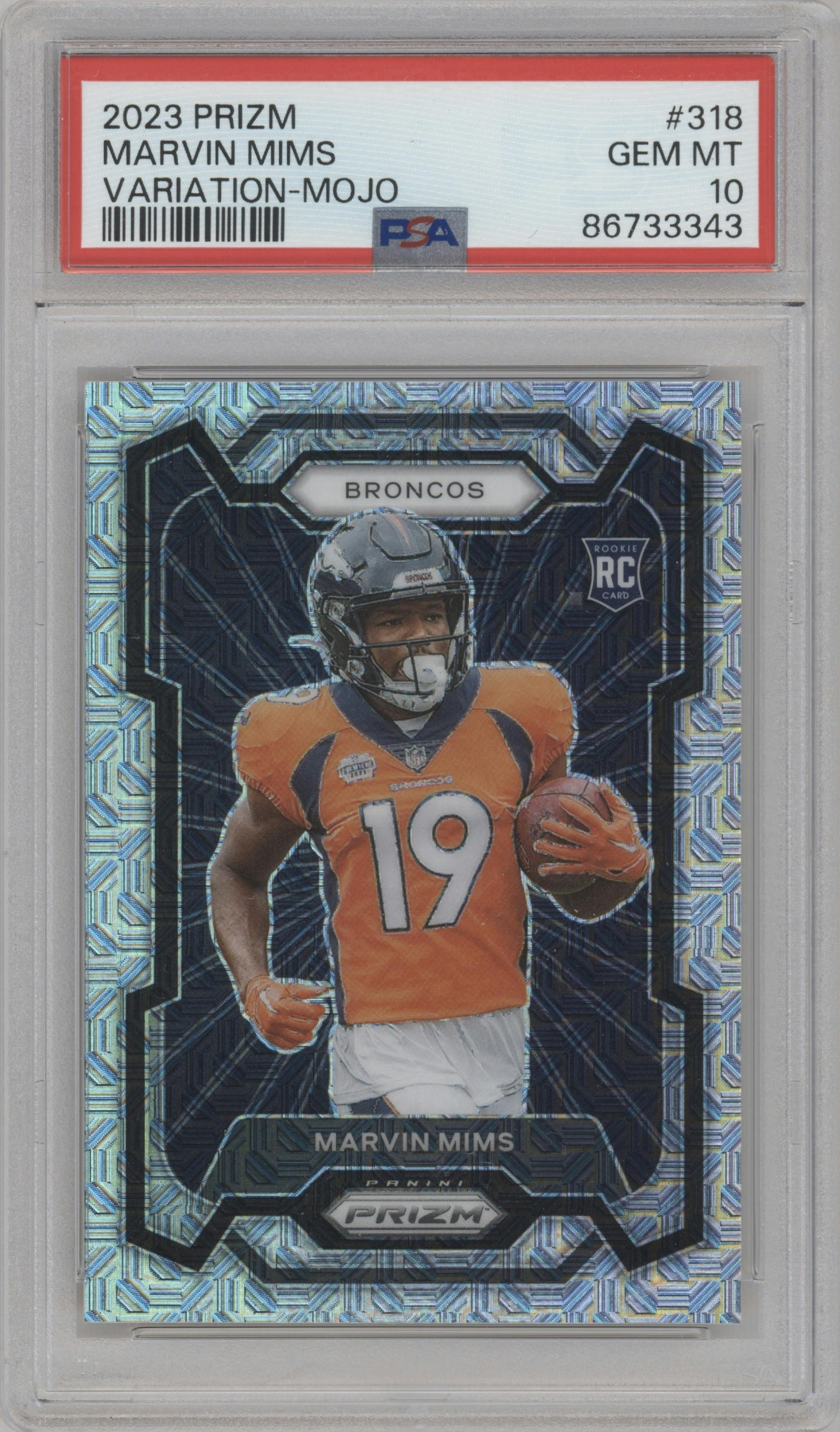 Marvin Mims from the 2023 Panini Prizm set featuring a Mojo Prizm parallel graded by PSA and given an overall grade of 10.