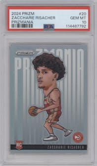 Zaccharie Risacher from the 2024-25 Panini Prizm set graded by PSA and given an overall grade of 10.