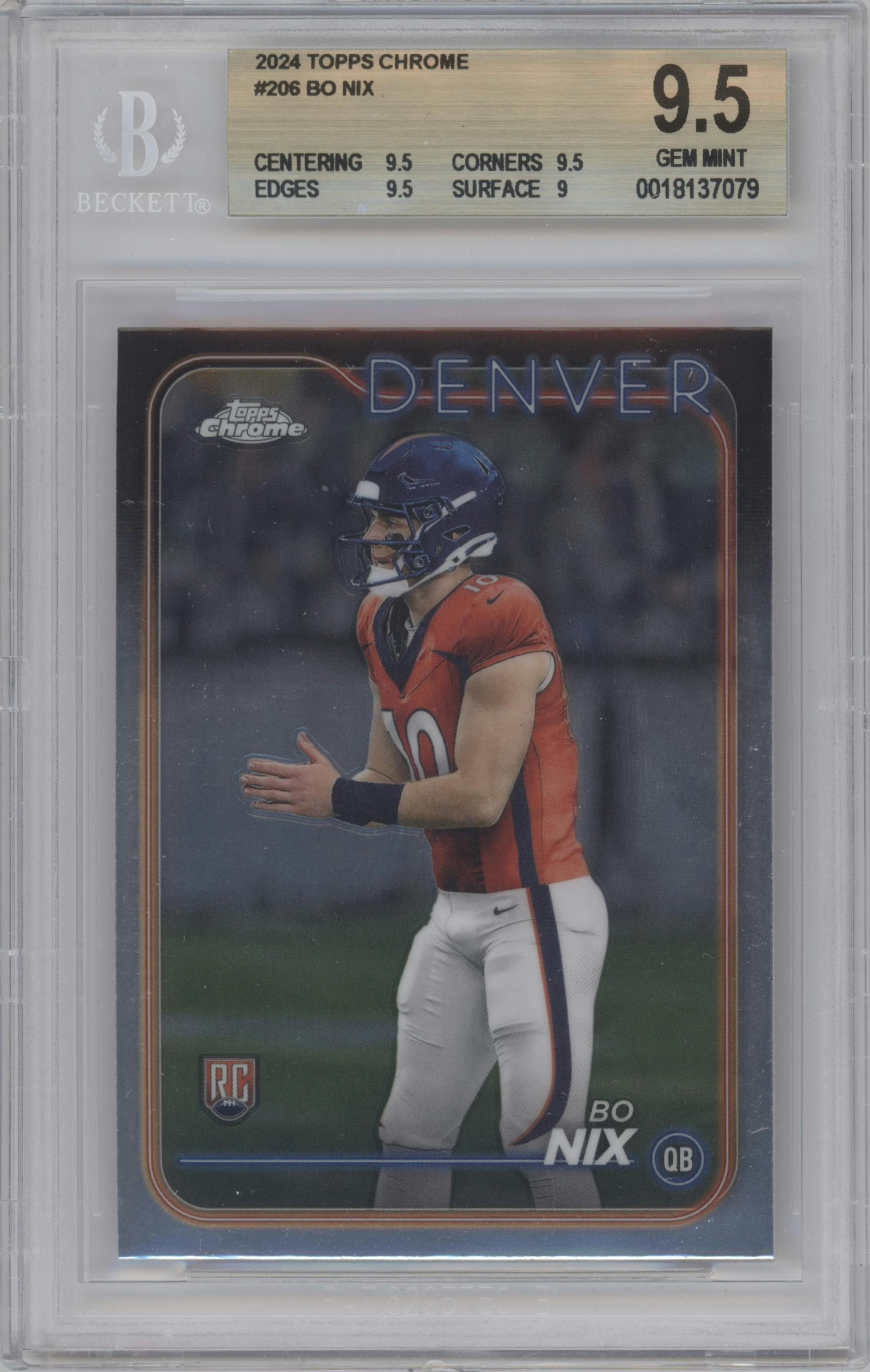 Bo Nix from the 2024 Topps Chrome set graded by Beckett and given an overall grade of 9.5.