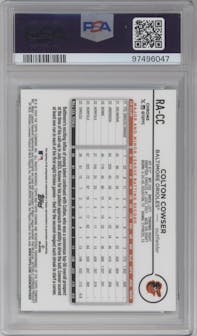 Colton Cowser from the 2024 Topps Chrome set featuring a Green Refractor parallel graded by PSA and given an overall grade of 10.