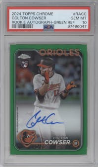Colton Cowser from the 2024 Topps Chrome set featuring a Green Refractor parallel graded by PSA and given an overall grade of 10.