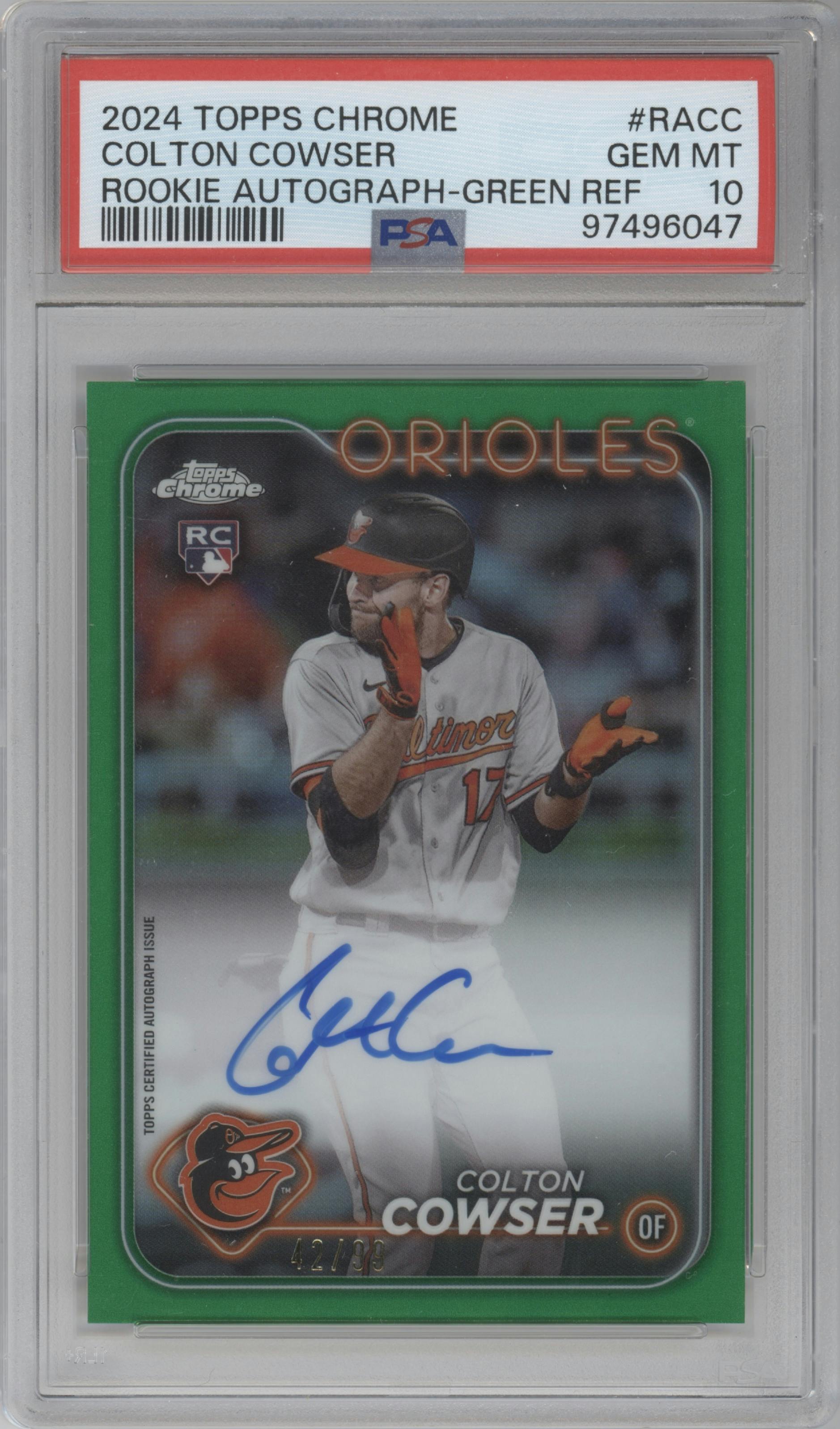 Colton Cowser from the 2024 Topps Chrome set featuring a Green Refractor parallel graded by PSA and given an overall grade of 10.