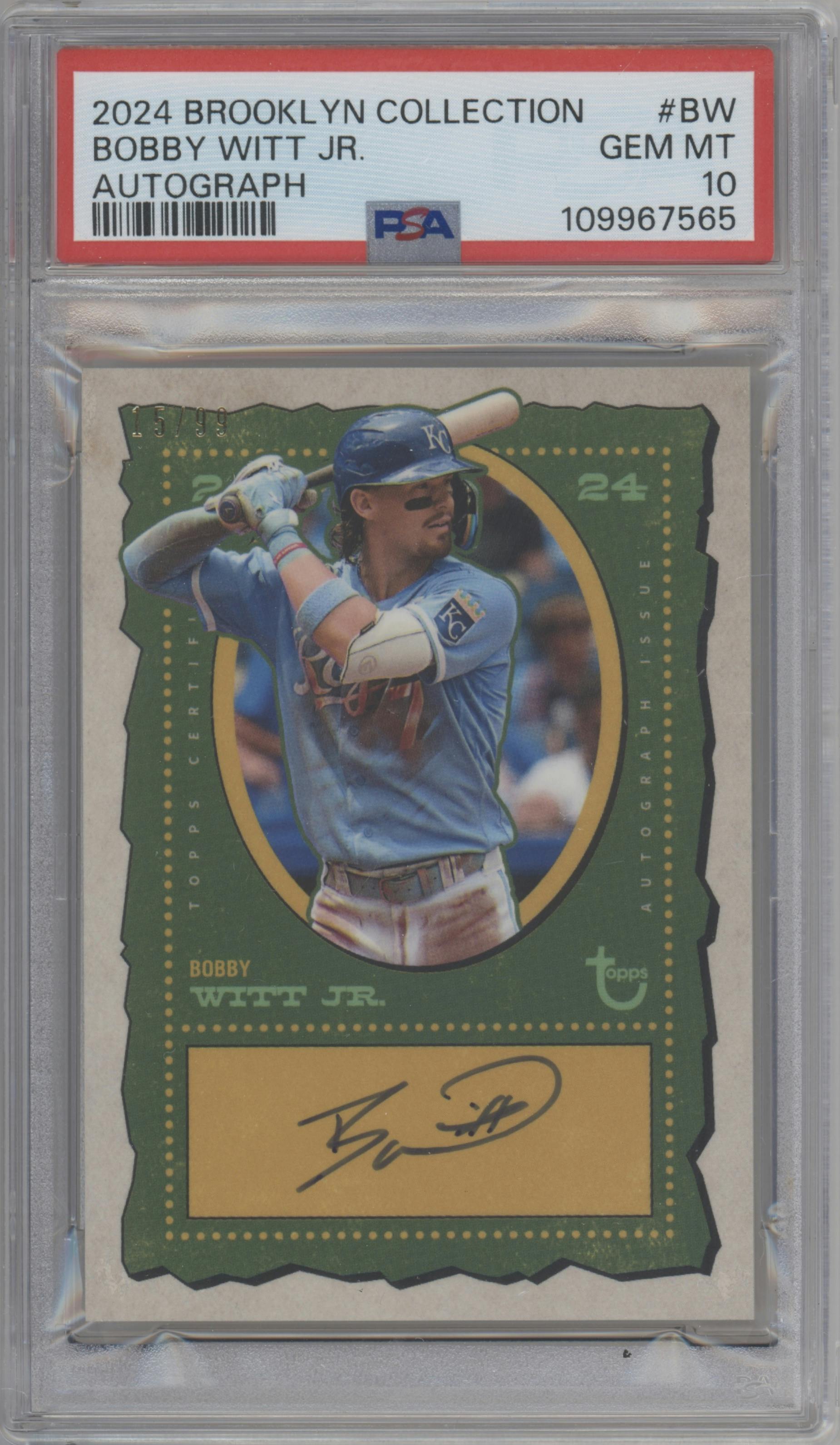Bobby Witt Jr. from the 2024 Topps Brooklyn Collection set graded by PSA and given an overall grade of 10.