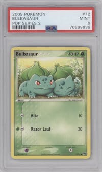 Bulbasaur from the 2005 Pokemon set graded by PSA and given an overall grade of 9.
