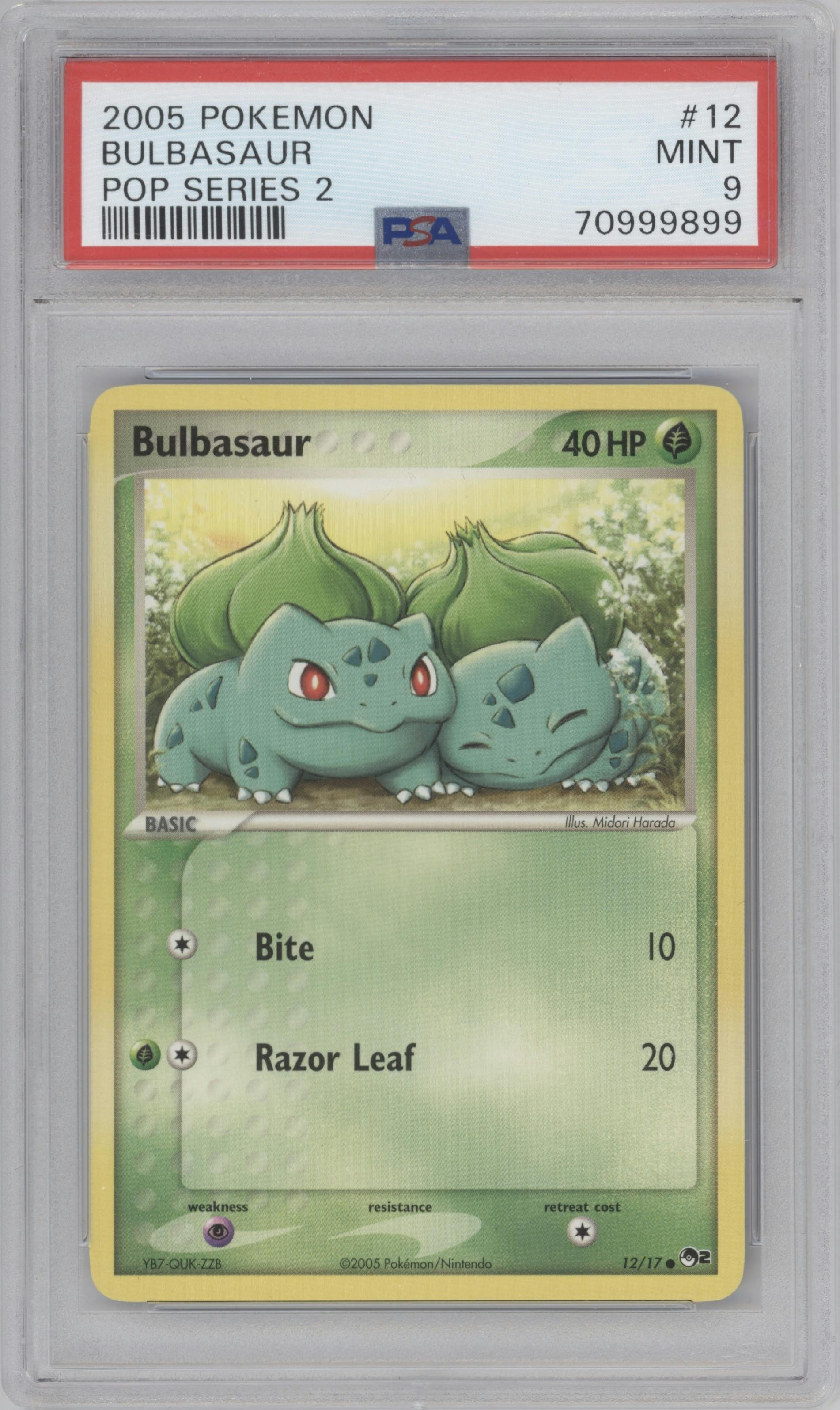 Bulbasaur from the 2005 Pokemon set graded by PSA and given an overall grade of 9.