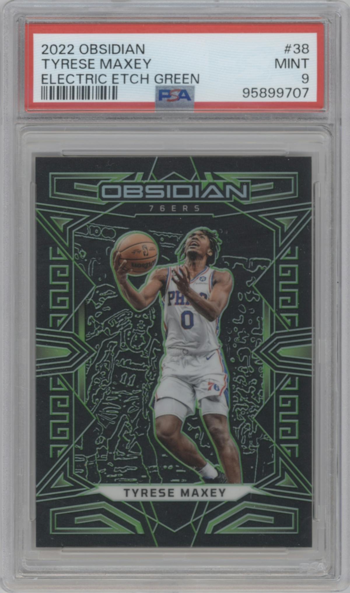 Tyrese Maxey from the 2022-23 Panini Obsidian set featuring a Electric Etch Green parallel graded by PSA and given an overall grade of 9.