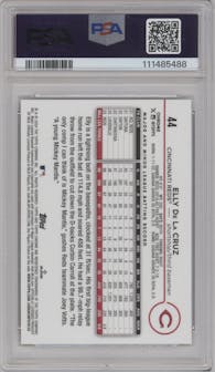 Elly De La Cruz from the 2024 Topps Chrome Logofractor set featuring a Gold MLB Refractor parallel graded by PSA and given an overall grade of 9.