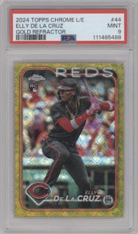 Elly De La Cruz from the 2024 Topps Chrome Logofractor set featuring a Gold MLB Refractor parallel graded by PSA and given an overall grade of 9.