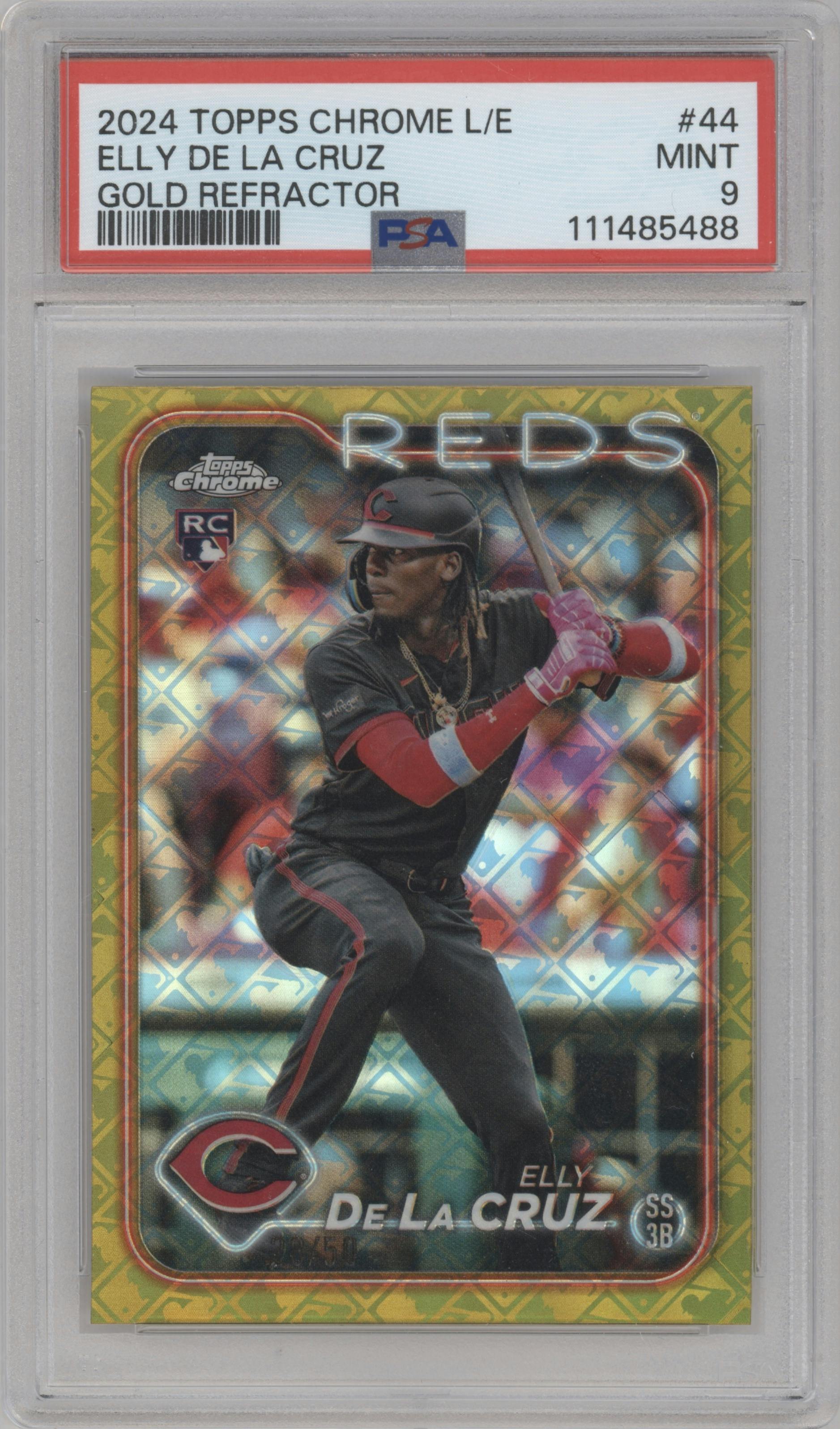 Elly De La Cruz from the 2024 Topps Chrome Logofractor set featuring a Gold MLB Refractor parallel graded by PSA and given an overall grade of 9.