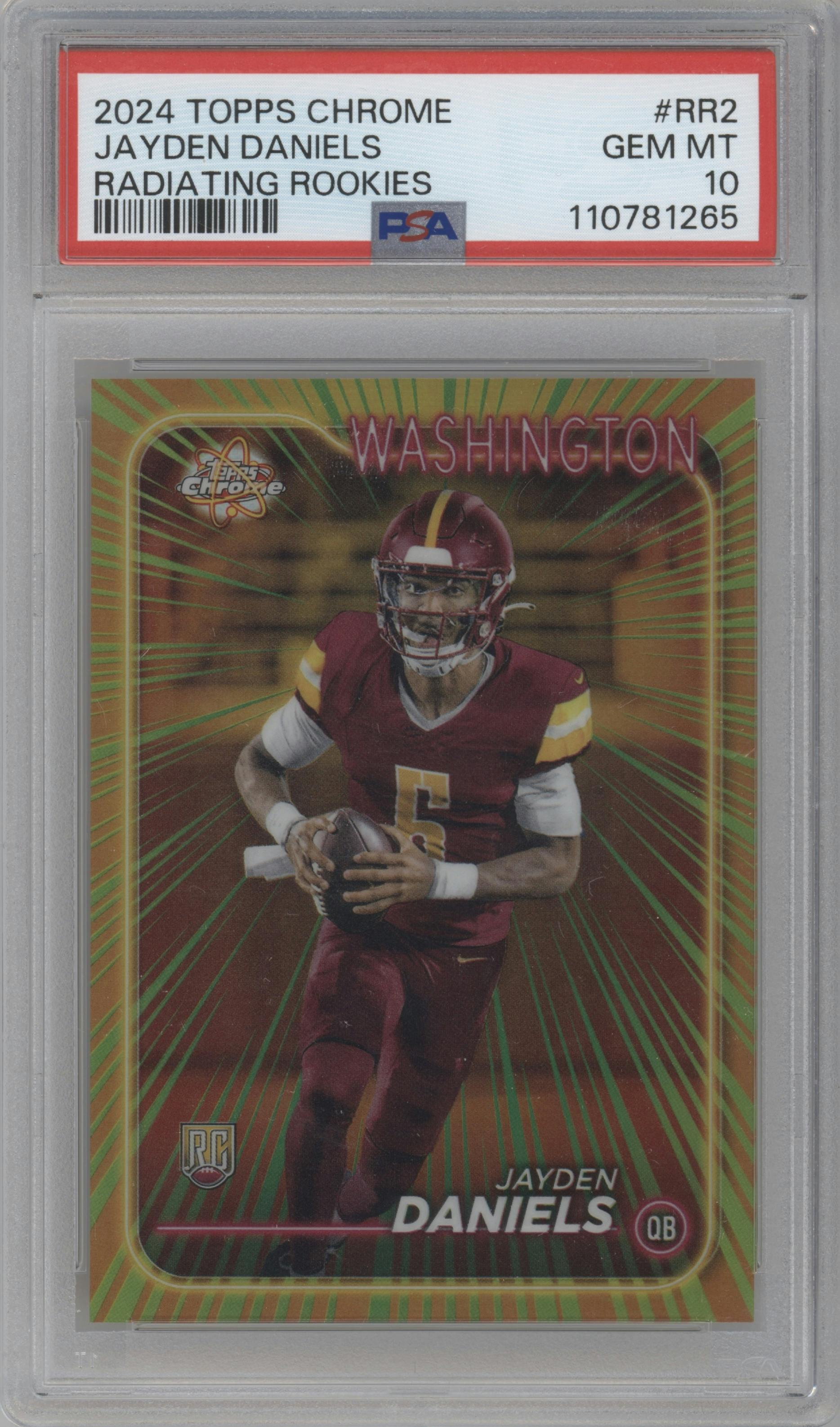 Jayden Daniels from the 2024 Topps Chrome set graded by PSA and given an overall grade of 10.
