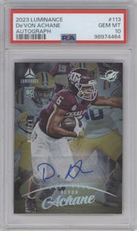Devon Achane from the 2023 Panini Luminance set graded by PSA and given an overall grade of 10.