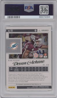 Devon Achane from the 2023 Panini Luminance set graded by PSA and given an overall grade of 10.