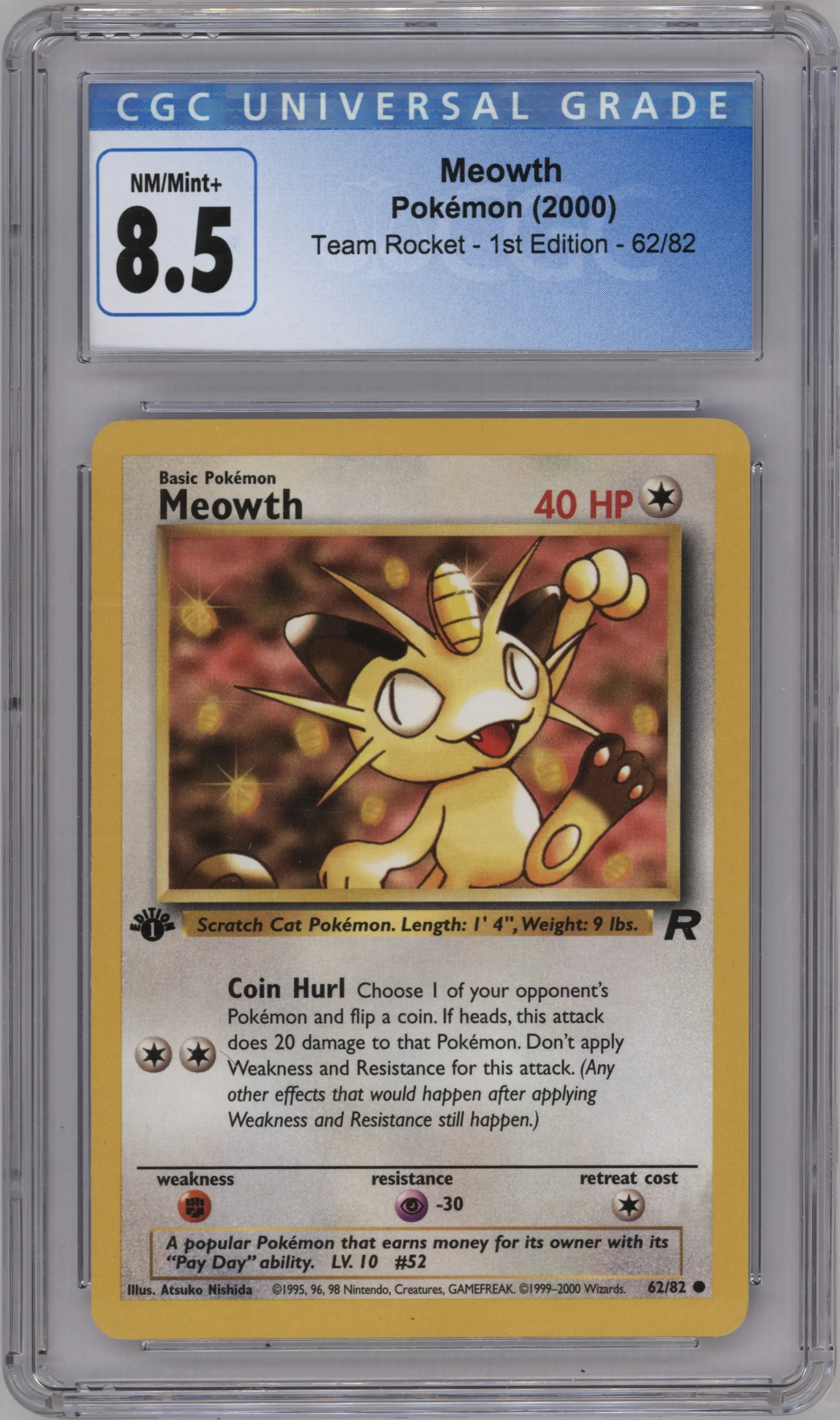 2000 Pokemon Team Rocket Meowth #62 CGC 8.5