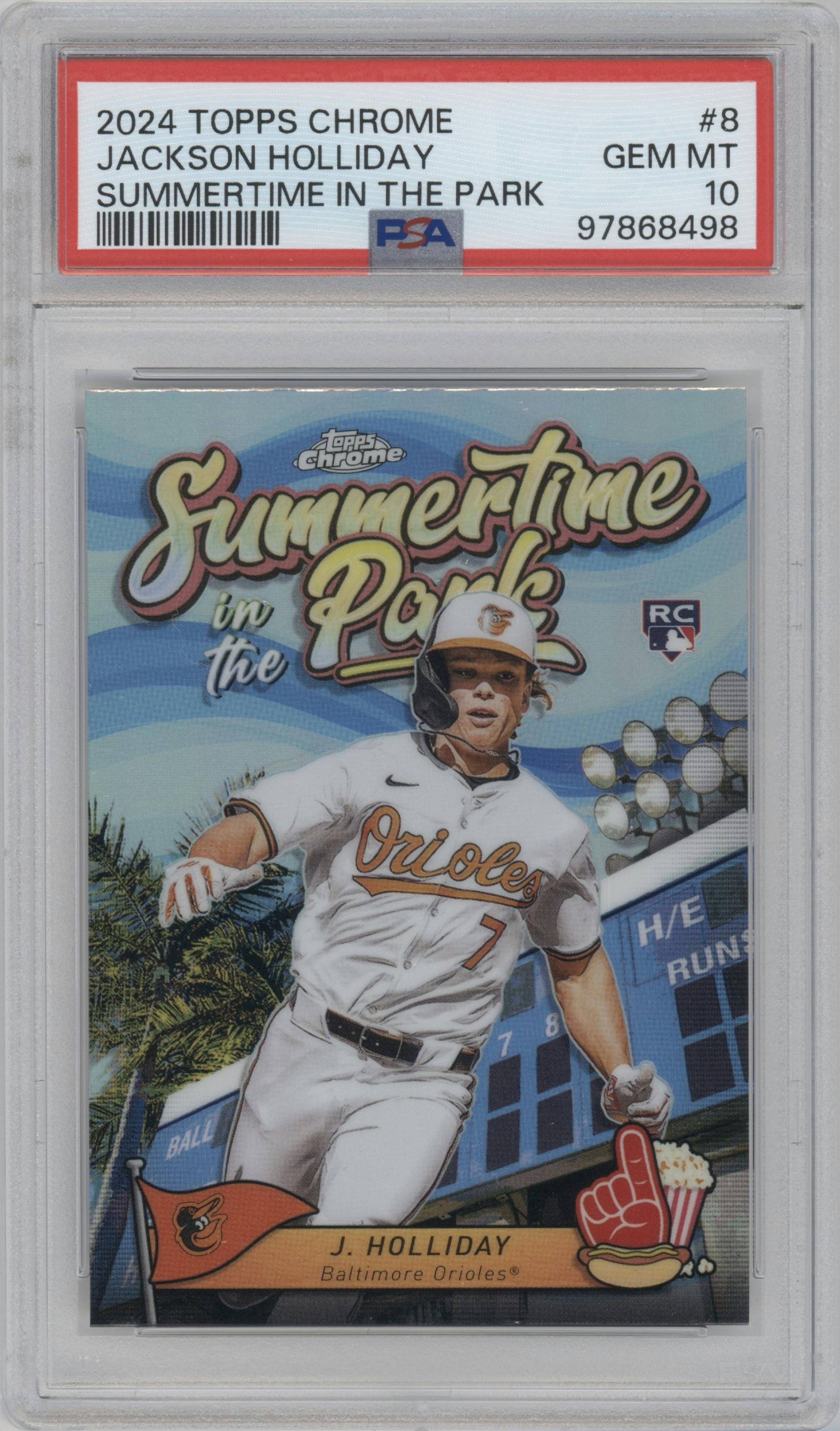 Jackson Holliday from the 2024 Topps Chrome set graded by PSA and given an overall grade of 10.