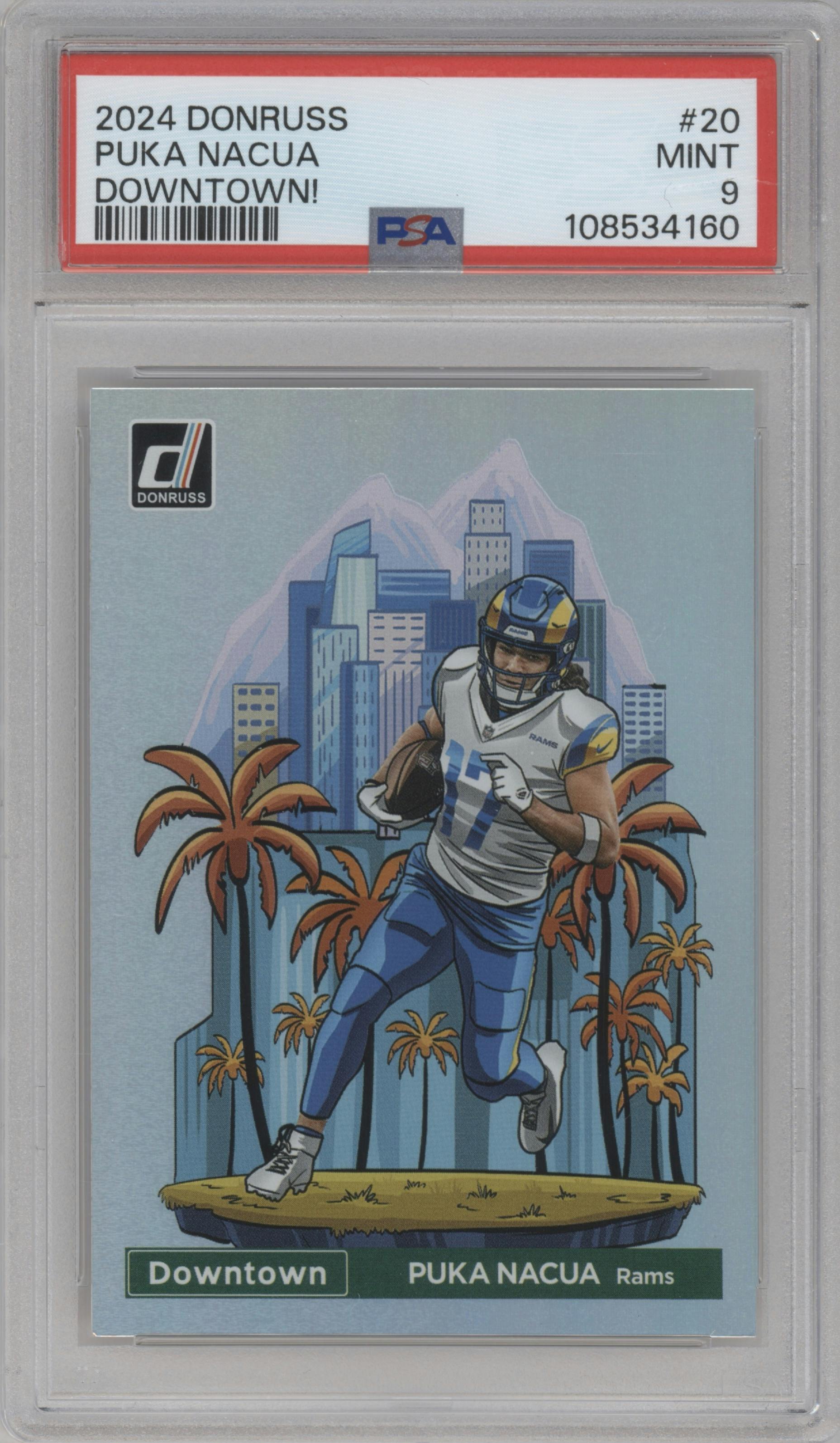 Puka Nacua from the 2024 Donruss set graded by PSA and given an overall grade of 9.