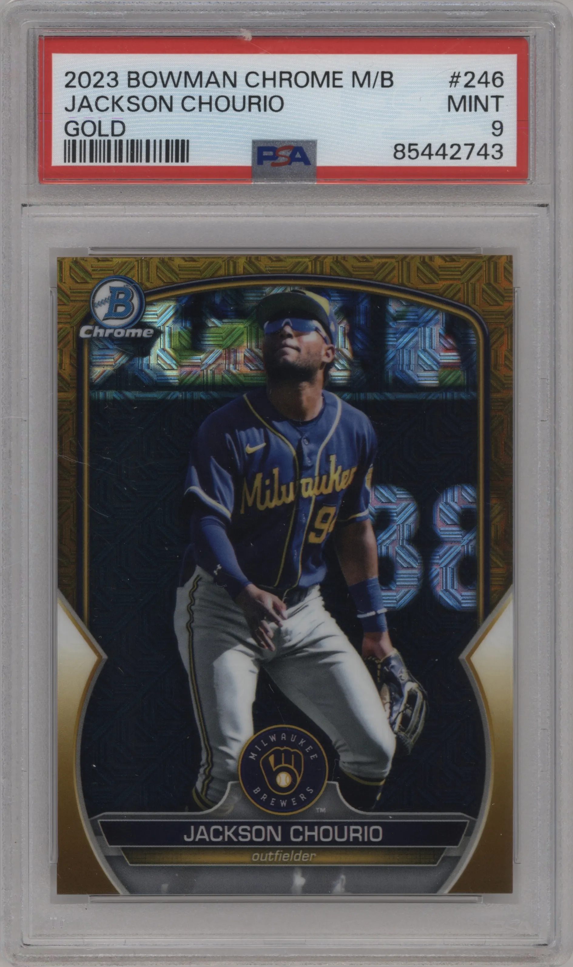 2023 Bowman Chrome Mega Box Jackson Chourio Gold Refractor PSA 9