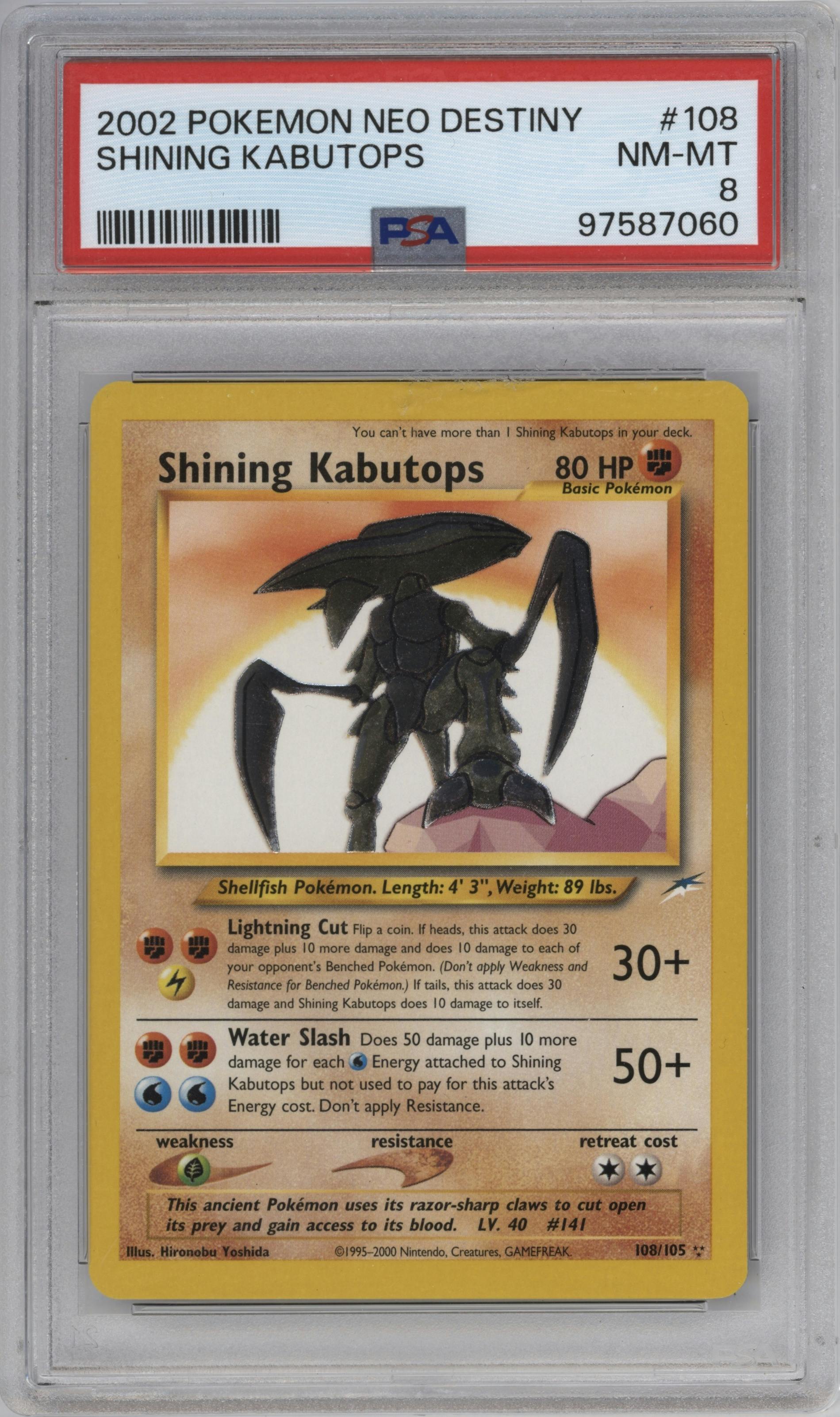 Shining Kabutops from the 2002 Pokemon Neo Genesis set graded by PSA and given an overall grade of 8.