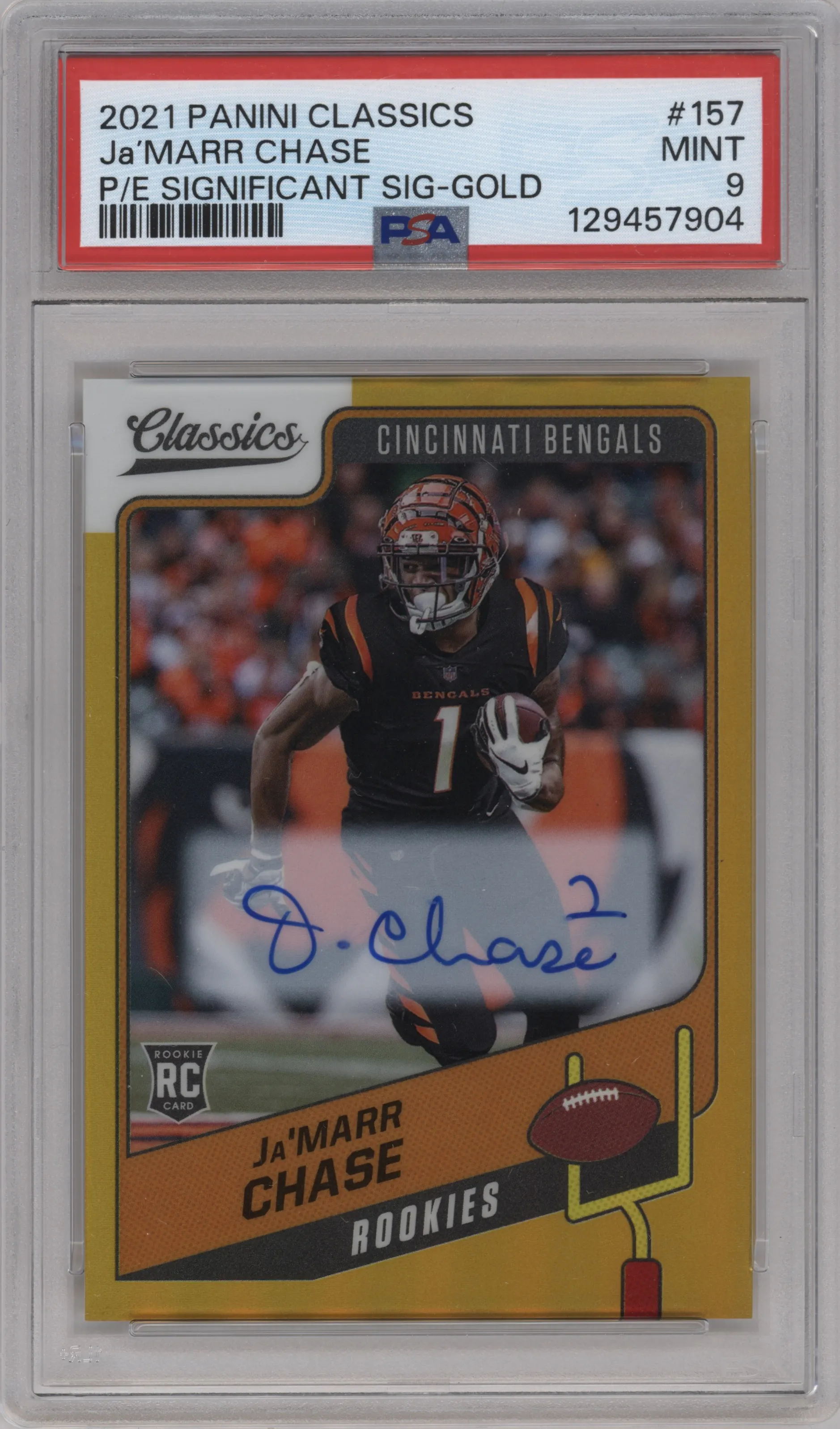 2021 Panini Classics PE Sign.Sig. Ja'Marr Chase Gold #157 PSA 9