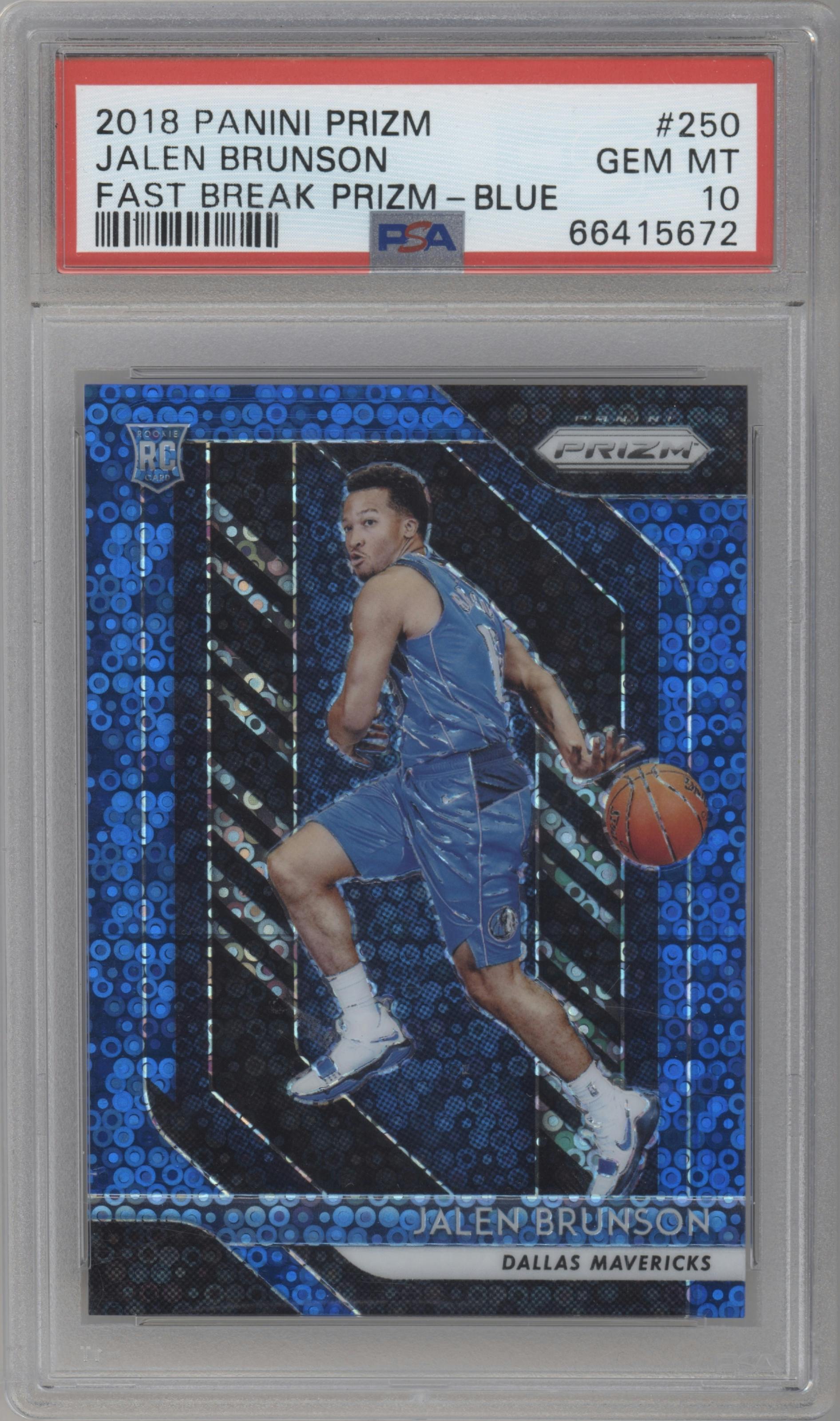 Jalen Brunson from the 2018-19 Panini Prizm set featuring a Fast Break Blue parallel graded by PSA and given an overall grade of 10.