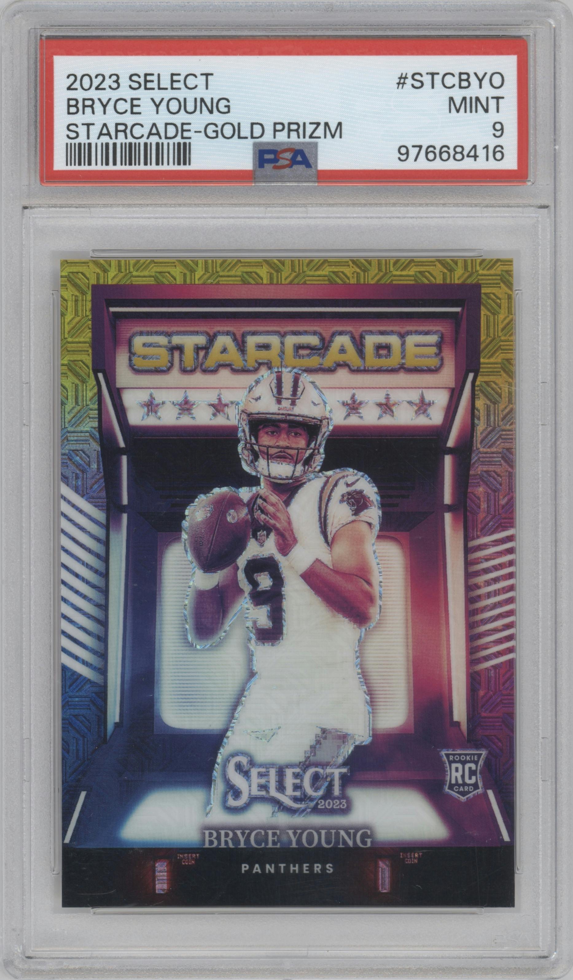 Bryce Young from the 2023 Panini Select set featuring a Gold Prizm parallel graded by PSA and given an overall grade of 9.