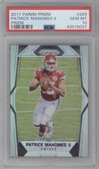 Patrick Mahomes II from the 2017 Panini Prizm set featuring a Prizm parallel graded by PSA and given an overall grade of 10.