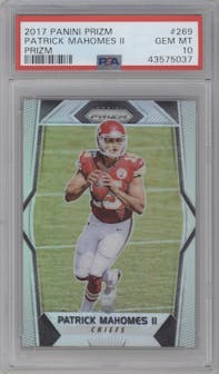 Patrick Mahomes II from the 2017 Panini Prizm set featuring a Prizm parallel graded by PSA and given an overall grade of 10.