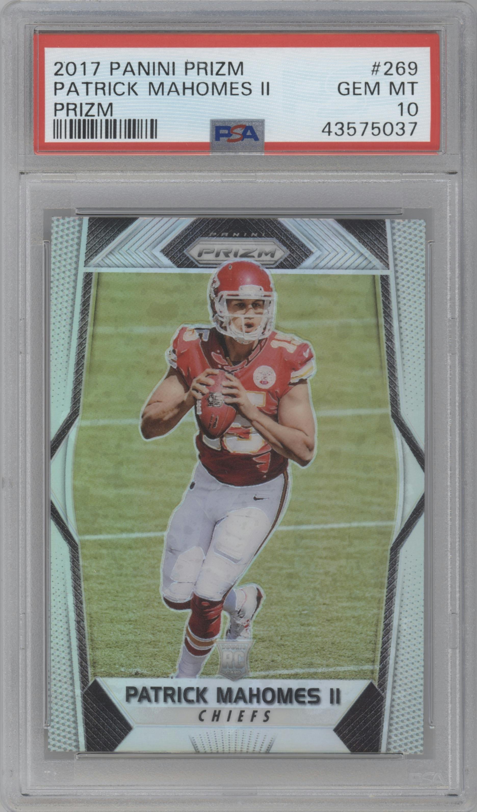 Patrick Mahomes II from the 2017 Panini Prizm set featuring a Prizm parallel graded by PSA and given an overall grade of 10.