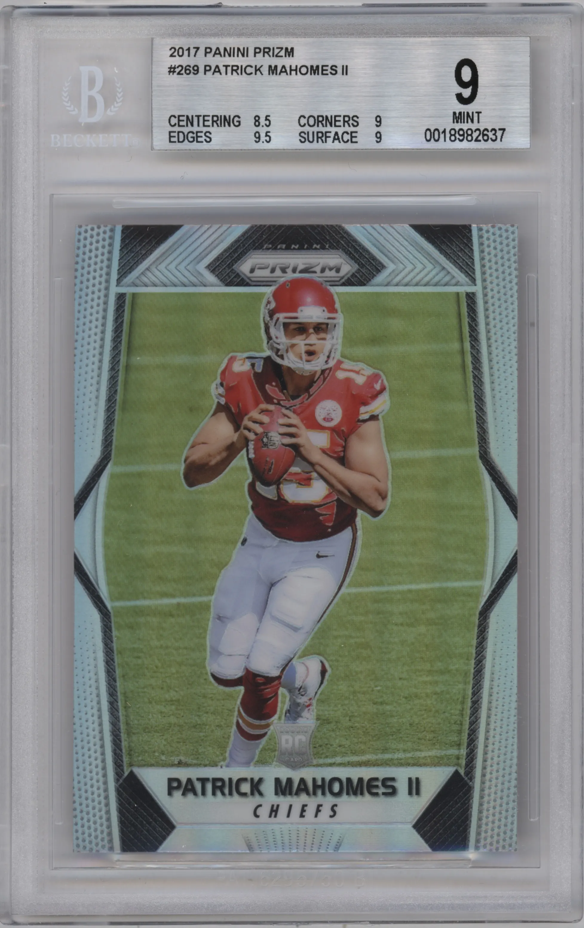 Patrick Mahomes II from the 2017 Panini Prizm set featuring a Prizm parallel graded by Beckett and given an overall grade of 9.