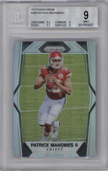 Patrick Mahomes II from the 2017 Panini Prizm set featuring a Prizm parallel graded by Beckett and given an overall grade of 9.