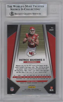 Patrick Mahomes II from the 2017 Panini Prizm set featuring a Prizm parallel graded by Beckett and given an overall grade of 9.