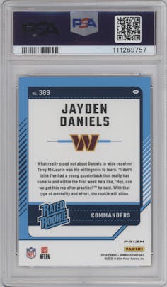 Jayden Daniels from the 2024 Donruss set featuring a Red Wave parallel graded by PSA and given an overall grade of 10.