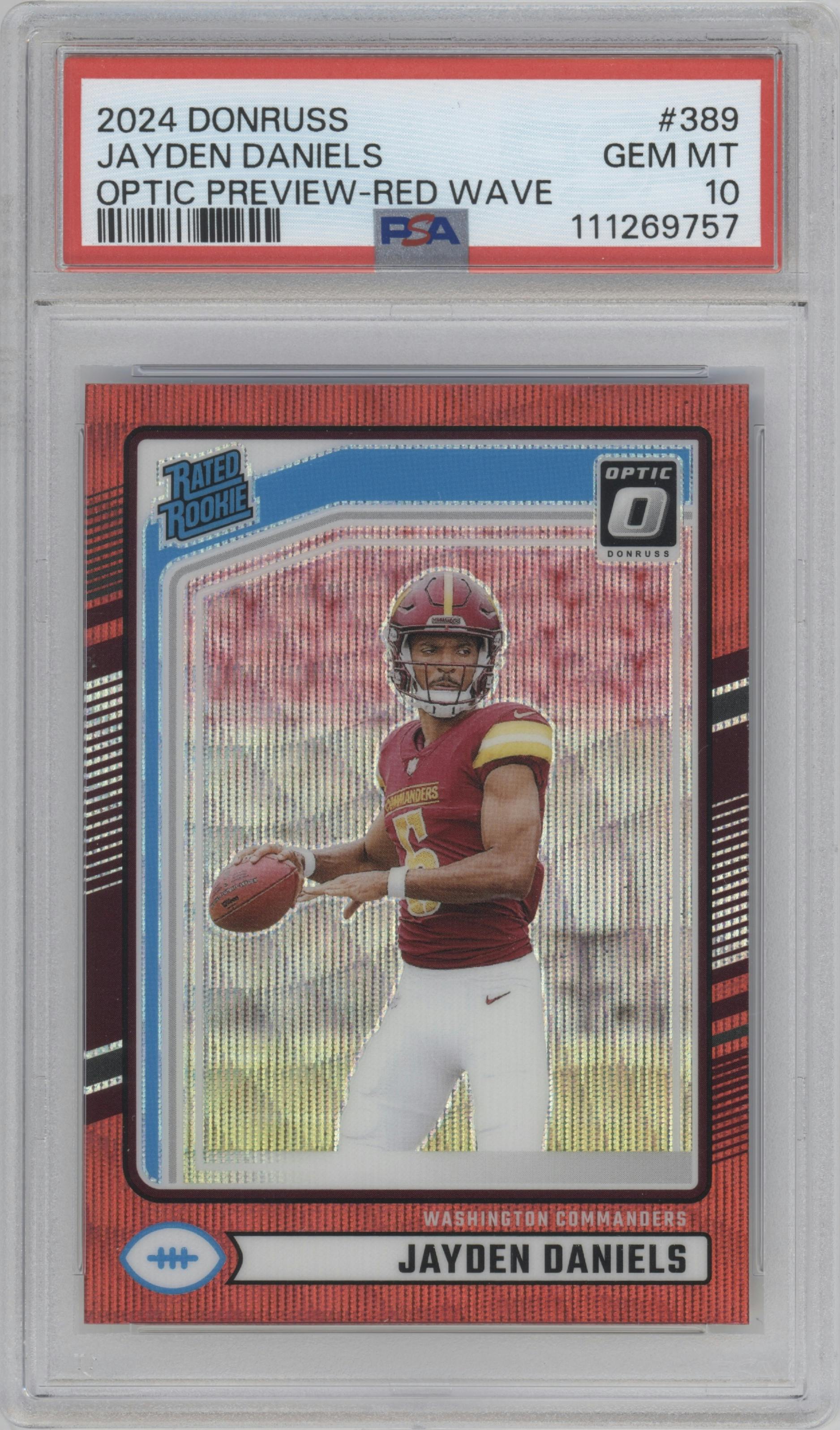 Jayden Daniels from the 2024 Donruss set featuring a Red Wave parallel graded by PSA and given an overall grade of 10.