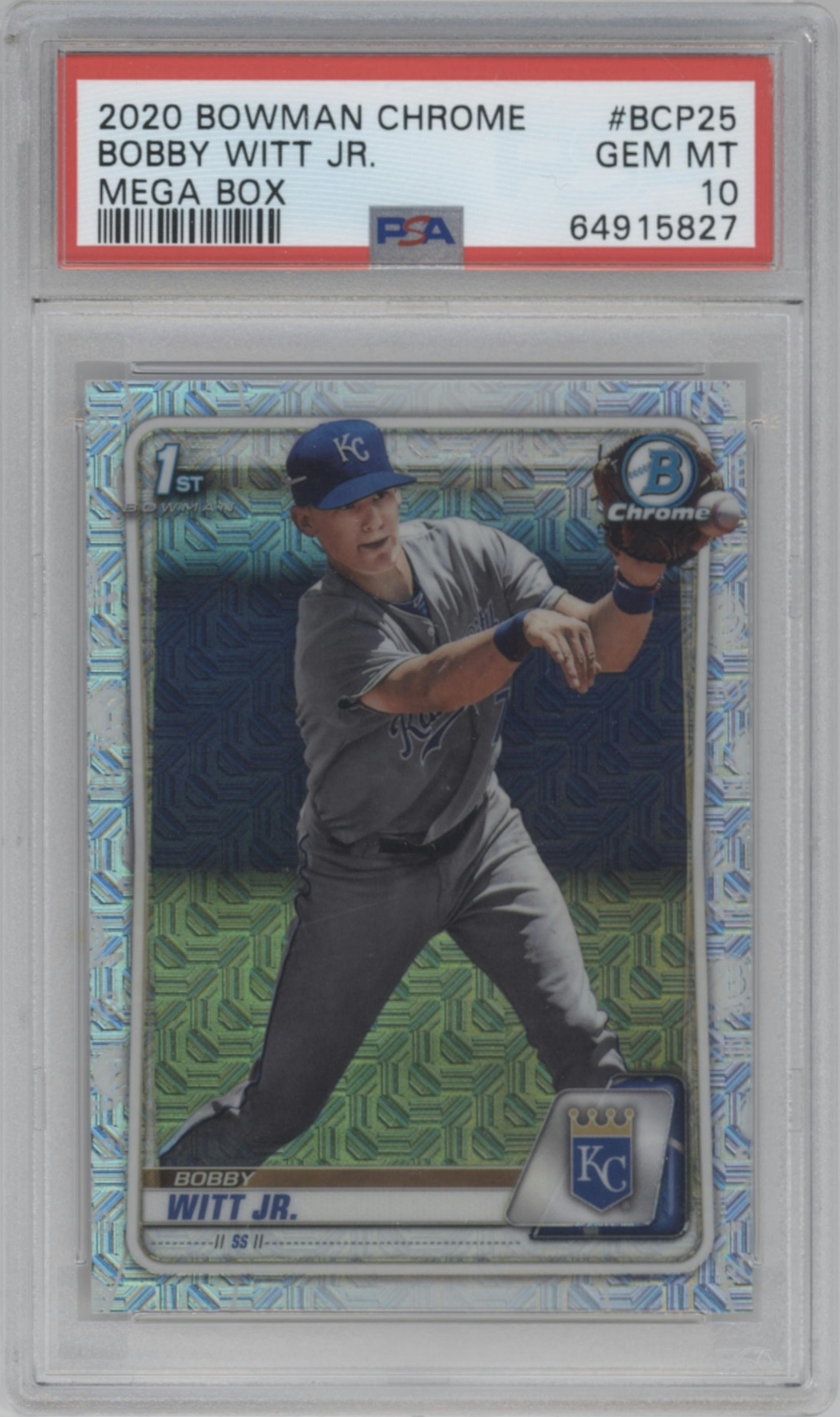 Bobby Witt Jr. from the 2020 Bowman Mega Box Chrome set graded by PSA and given an overall grade of 10.
