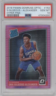Shai Gilgeous-Alexander from the 2018-19 Panini Donruss Optic set featuring a Hyper Pink parallel graded by PSA and given an overall grade of 10.