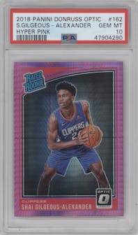 Shai Gilgeous-Alexander from the 2018-19 Panini Donruss Optic set featuring a Hyper Pink parallel graded by PSA and given an overall grade of 10.