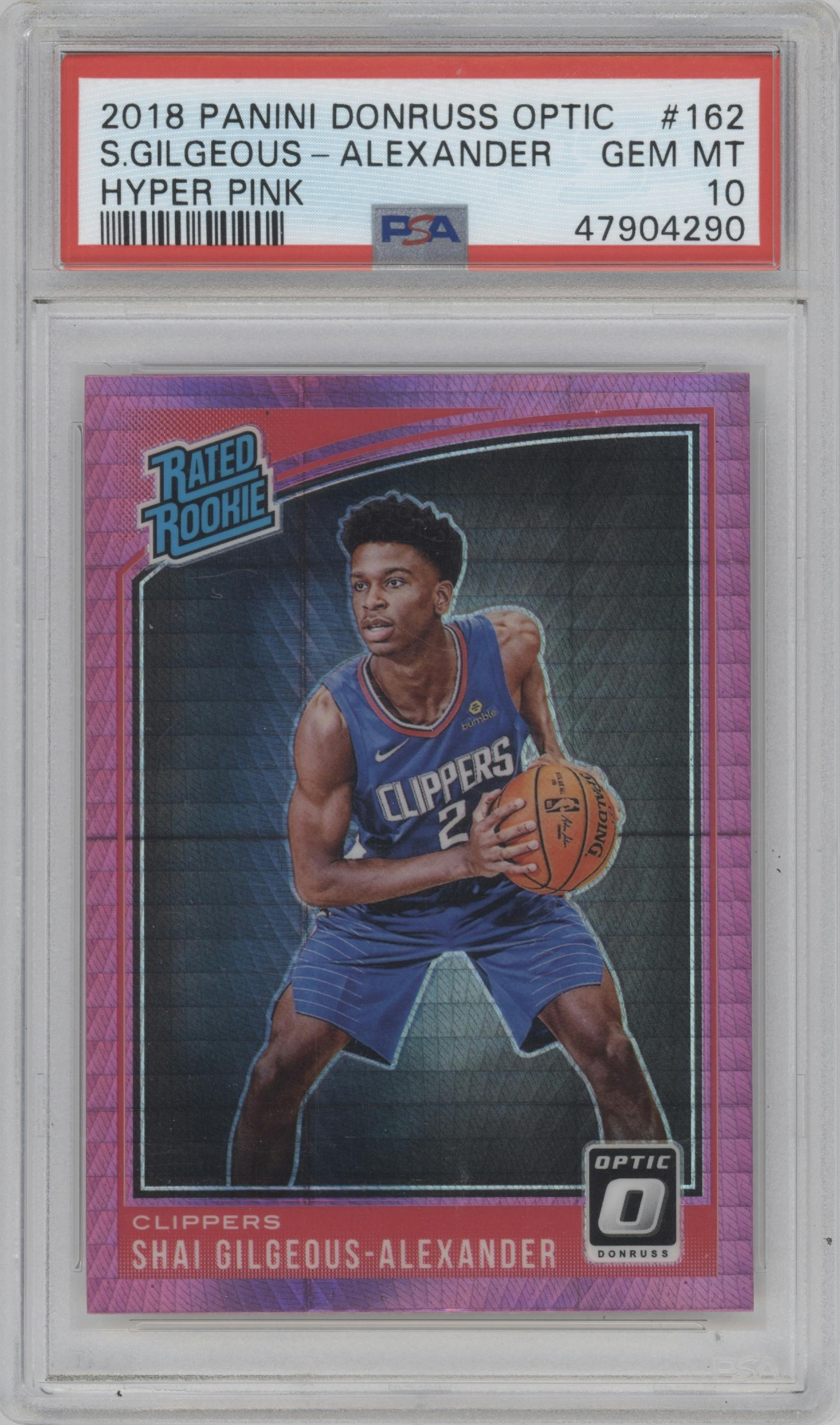 Shai Gilgeous-Alexander from the 2018-19 Panini Donruss Optic set featuring a Hyper Pink parallel graded by PSA and given an overall grade of 10.
