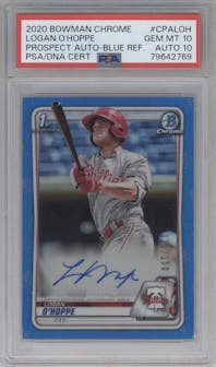 Logan O'Hoppe from the 2020 Bowman Chrome set featuring a Blue Refractor parallel graded by PSA and given an overall grade of 10.