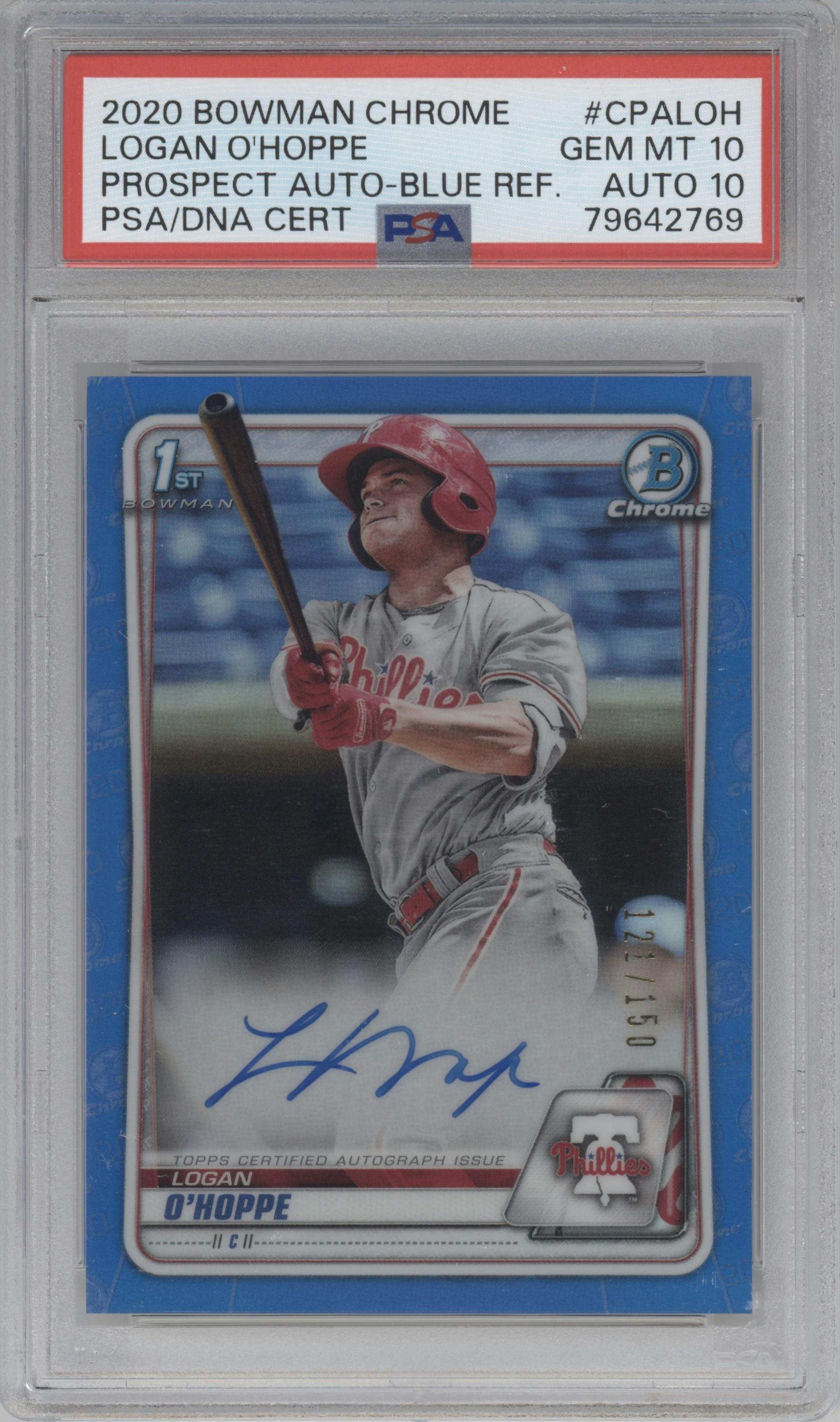 Logan O'Hoppe from the 2020 Bowman Chrome set featuring a Blue Refractor parallel graded by PSA and given an overall grade of 10.