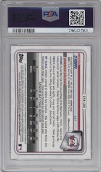 Logan O'Hoppe from the 2020 Bowman Chrome set featuring a Blue Refractor parallel graded by PSA and given an overall grade of 10.