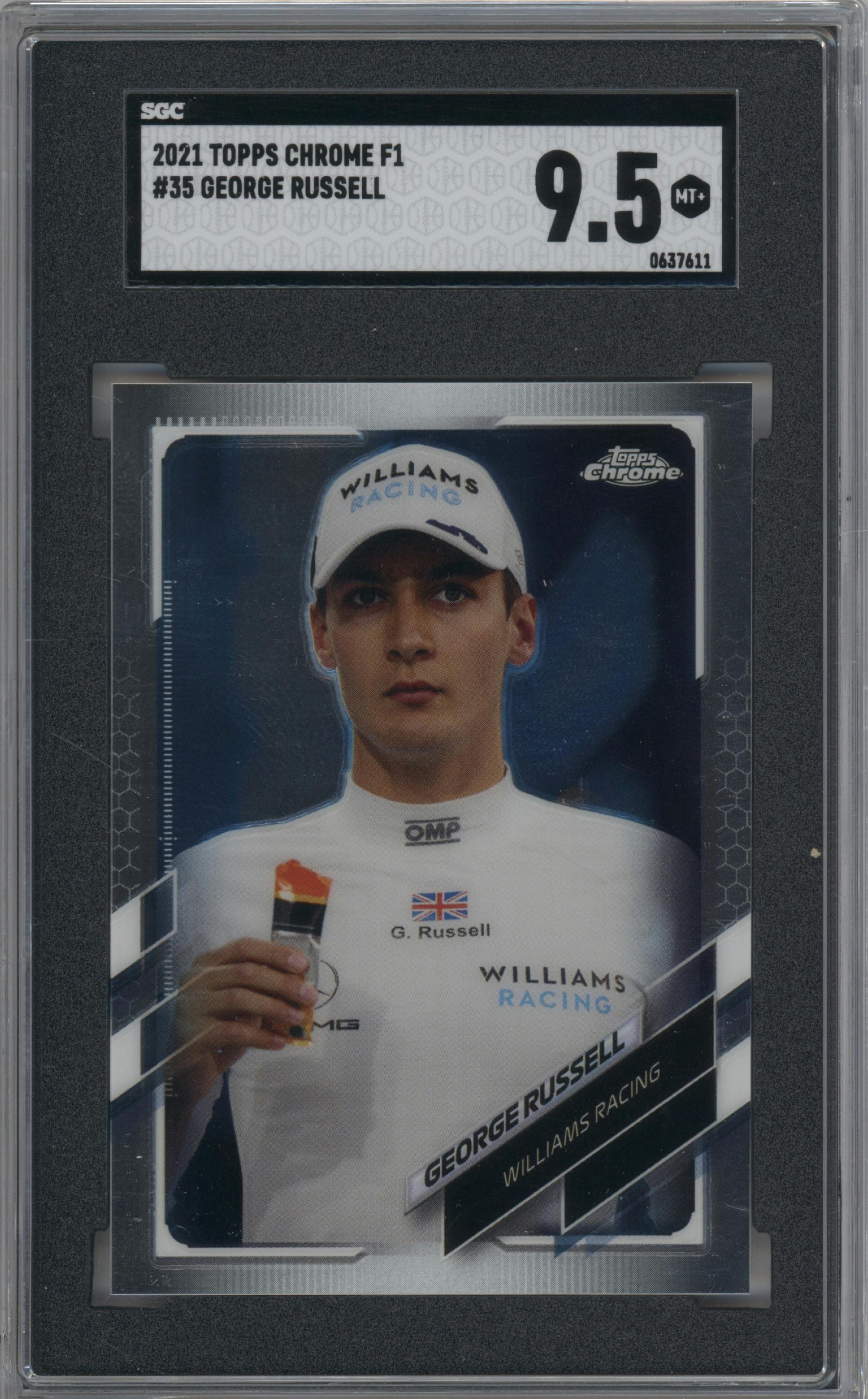 George Russell from the 2021 Topps Chrome F1  set graded by SGC and given an overall grade of 9.5.