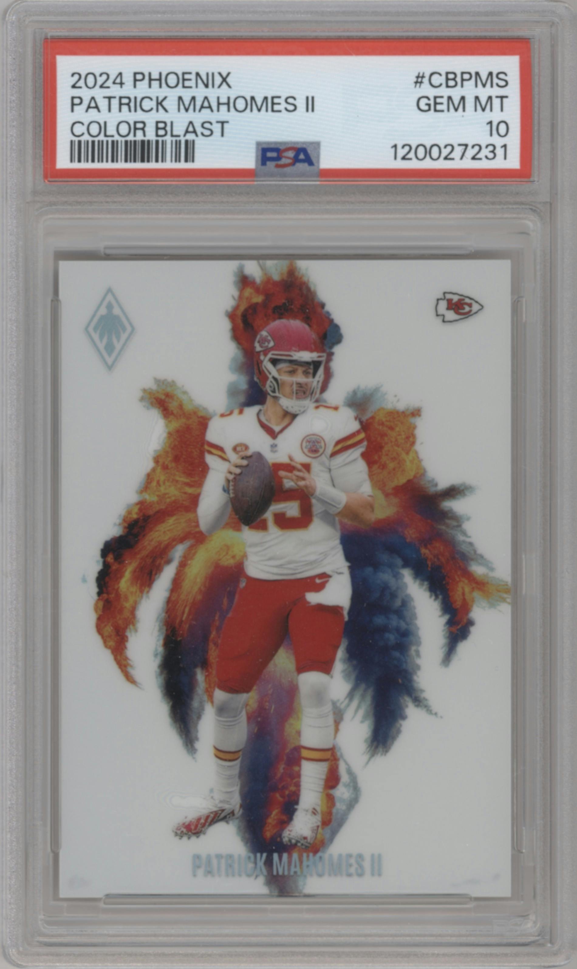 Patrick Mahomes II from the 2024 Panini Phoenix set graded by PSA and given an overall grade of 10.